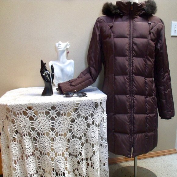 MICHAEL by Michael Kors Long Down Puffer Jacket Faux Fur Hood Sz LG - Picture 1 of 15